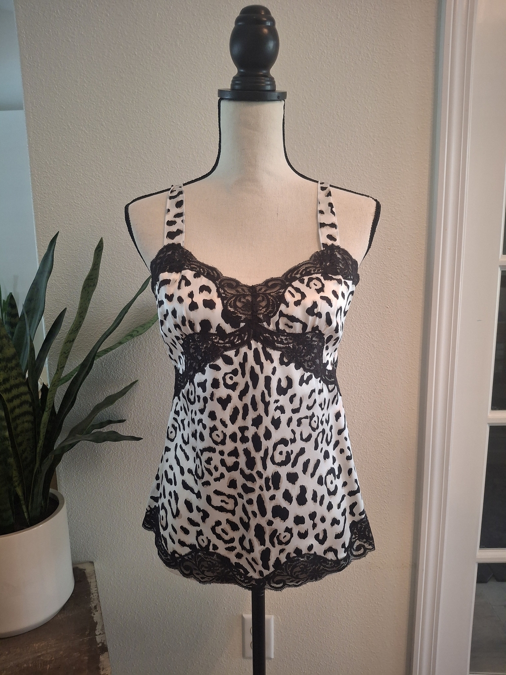White House Black Market Black & White Leopard Lace Trim Chemise
